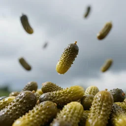 photo still of pickles raining from the sky, 8 k, 8 5 mm f 1. 8