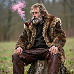 A pipesmoking older men with brown hair and bear sitting on a treestump. he wears a fur west and brown leather pants. the smoke from the pipe is pink.