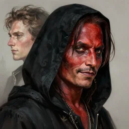 portrait of a male tiefling with red skin wearing a black hood, slight smile, looking like johnny depp and Benedict Cumberbatch, D&D, fantasy, intricate, elegant, highly detailed, digital painting, artstation, concept art, smooth, sharp focus, illustration, art by artgerm and greg rutkowski and alphonse mucha
