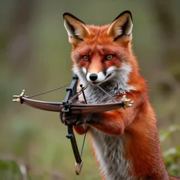 Robin Hood as an Anthropomorphic Red Fox holding a Crossbow photograph in the style of Annie Leibovitz, photorealistic
