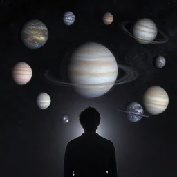 man looking at the detailed pattern of very much planets on the dark sky
