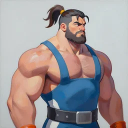 greg manchess portrait of thick muscular weightlifter zarya from overwatch with ponytail, medium shot, asymmetrical, profile picture, organic painting, sunny day, matte painting, bold shapes, hard edges, street art, trending on artstation, by huang guangjian and gil elvgren and sachin teng
