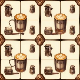 seamless pattern of coffee barista equipment latte art, 60's poster, symmetrical, repeating 35mm photography