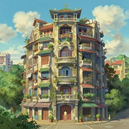 stunning photo of a solarpunk vietnamese apartment building by makoto shinkai and studio ghibli, and thomas kinkade