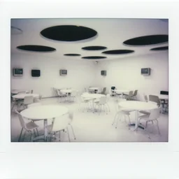 polaroid photograph of a large white empty breakroom, retrofuturist liminal space, hundreds of chairs and tables, crt tv mounted, massive black pits in ceiling, familiar place, clean, black mold, amateur, unreal engine, photorealistic, trending on artstation