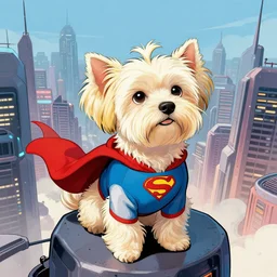 cream colored havanese dog dressed as a super hero, looking over a futuristic city, wide shot, highly coherent, saga comic, graphic novel, fiona staples