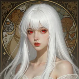 a beautiful girl with long white hair and bangs, red eyes, fantasy, portrait, sharp focus, intricate, elegant, digital painting, artstation, matte, highly detailed, concept art, illustration, ambient lighting, art by ilya kuvshinov, artgerm, Alphonse mucha, and Greg Rutkowski