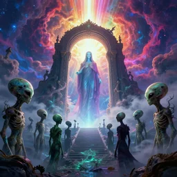 [ palate ] [ vibrant gothic colors ] lost alien souls congregating at the giant gateway to heaven, god figure waiting at the gate, vibrant neon nebulous clouds, radiant light rays, photorealistic illustration, intricate and fine details, volumetric lighting, artstation