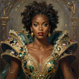portrait of a stunningly beautiful jamaican glamour model, wearing an exquisite gown, greg manchess painting by sargent and leyendecker, studio ghibli fantasy close - up shot asymmetrical intricate elegant matte painting illustration hearthstone, by greg rutkowski by greg tocchini by james gilleard