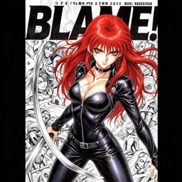 highly detailed professional 9 0 s seinen mecha manga cover art of goth woman with red hair, red eyes, leather clothes, black makeup. chunibyo. horror action action manga cover art cover art. detailed intricate environment. pencils by ilya kuvshinov, painted by zdzislaw beksinski, inks by tsutomu nihei. blame!