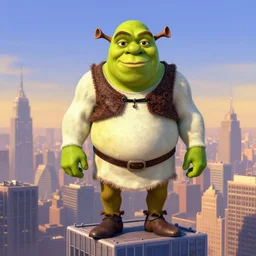 portrait Carl Fredricksen wearing a shrek the ogre costume head eyes with yoked burly physique stands atop a skyscraper norman rockwell brad rigney winslow homer greg rutkowski stop-motion