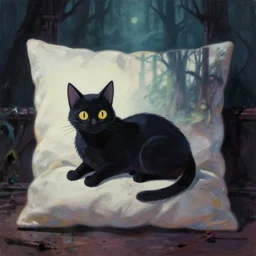 cat on a pillow. gouache by award - winning animation studio, gothic horror, impressionism, depth of field, backlighting