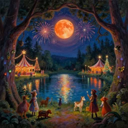 closeup of a night carnival inside a magical tree cavity, with a surreal orange moonlight and fireworks, next to a lake with iridiscent water, christmas lights, folklore animals and people disguised as fantastic creatures in a magical forest by summer night, masterpiece painted by john watkiss, scene by night, dark night environment, refraction lights, glares