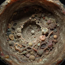 the inside of a body in decomposition, the cells are breaching apart, micro world.