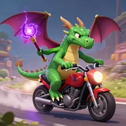 a pet dragon, sprites driving motorbikes, and purple magic from a staff