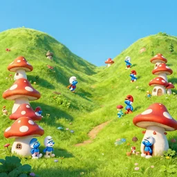 fairytale landscape with mushroom houses from the smurfs in the style of wimmelbilder, john bauer's troll as gargamel walks through it