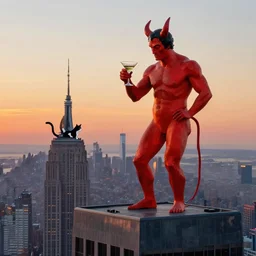 bret easton ellis and the devil drinking martinis on top of a skyscraper at sunset with a black and white cat, by gil elvgren