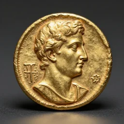 an ancient roman gold coin with the ᐛ, smiling, close up photo, ultra realistic, studio photo, bokeh, 4 k, hd, centered