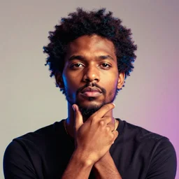 an album cover of a man with his hand on his chin, featured on unsplash, afrofuturism, synthwave anaglyph filter, studio portrait