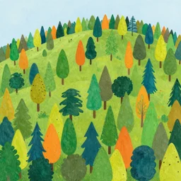 hill forest of individual colourful cartoon trees by erin hanson