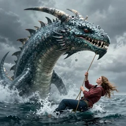 intense conceptual art of norwegian sea monster draugen beneath the water, a woman holding on to a rope fighting for her life above the water greg rutkowski and ilya kuvshinov, masterpiece illustration, ultrarealistic, perfect face and anatomy, golden ratio