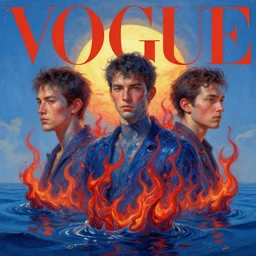 3 d, flame, liquid deep blue and red water, sun, vogue cover style, poster art, high detail, intricate oil painting, multiple exposure, heaven mood, hyperrealism, 3 d, by tooth wu and wlop and beeple and greg rutkowski