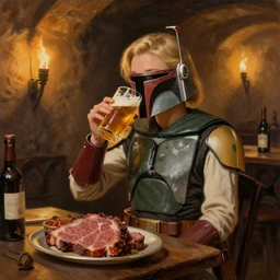 (Boba Fett) and a beautiful young blonde drinking beer in a wine cellar, food, meat, schnapps, torches on the wall, romantic, inviting, cozy, painting by Vladimir Volegov