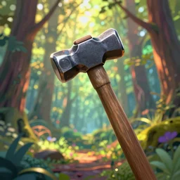 a highly detailed blacksmithing hammer in the middle of a beautiful colourful forest, light through the leaves. digital art. digital render. trending on artstation