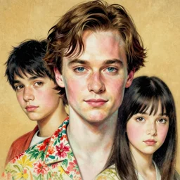 “ heath ledger portrait by ikenaga yasunari and ayana otake and ko rakusui, 6 0 s poster, drawing, realistic, sharp focus, japanese, dreamy, nostalgia, faded, golden hues, floral clothes, porcelain skin ”