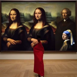 a woman in red, dmitry spiros, leonardo da vinci, jacques - louis david, johannes vermeer, 8 k, wide angle,