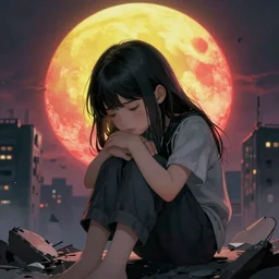 A beautiful picture of a small suicidal girl against the background of a destroyed city and a yellow -red moon, artstation and Frederik Heyman, extremely detailed, stunning volumetric lighting, hyper realism, fantasy 4k