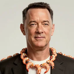Tom hanks as forrest gump wearing a necklace made out of shrimps, realistic face, digital art, in the style of Raphael Lacoste, amazing detail, artstation