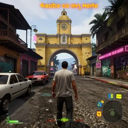 4 grados norte in guatemala as a cyberpunk 3 d game like gta v, with high detailed hud with game of the year edition graphics with graffiti and neon signs