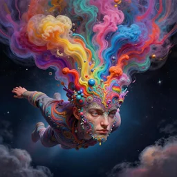 man floating in space with head bursting into colorful liquid smoke and clouds, an extremely colorful psychedelic experience, dmt, psilocybin, lsd, face, detailed, intricate, elegant, highly detailed, digital painting, artstation, concept art, smooth, sharp focus, illustration, art by hana yata, and artem demura and beeple, octane render, unreal engine, 8 k