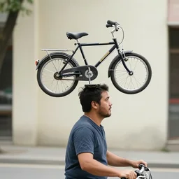 a man with a mini bicycle on his head