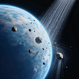 a shower of asteroids hitting a planet, from outer space, beautiful water colour illustration with pastel and graphite on paper