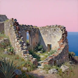 overgrown ruins of santorini with pink sky, painting by ashley wood