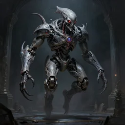 professional concept art portrait of a ominous floating robotic terrifying!! species thing in a dark room by artgerm and greg rutkowski. an intricate, elegant, highly detailed digital painting, concept art, smooth, sharp focus, illustration, in the style of cam sykes.