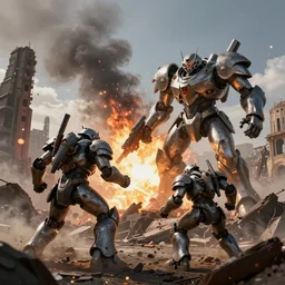 armored core mechas battle for the ruins of san francisco, cinematic lighting, wide lens, particles, effect, explosion, bokeh, octane render, volumetric light, smoke