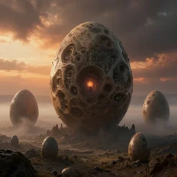 alien planet landscape, organic eggs, prometheus, intircate details, out of this world, hr giger, sunset, landscape, dramatic clouds, mist