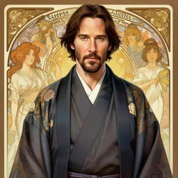 hyperdetailed portrait of keanu reeves in a kimono, digital painting, artstation hq, sharp foccus ilustration, artstation hq. intricate, elegant. wlop, artgerm, greg rutkowski, alphonse mucha, medium shot. dan mumford, tomokazu matsuyama, takato 4 yamamoto