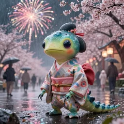 a beautiful geisha tardigrade!!! wearing a kimono at a fireworks sakura festival. rainy, dreamlike art, mist, realistic shaded, fine details, 4 k realistic, cryengine, realistic shaded lighting poster by greg rutkowski, magali villeneuve, artgerm, jeremy lipkin and michael garmash and rob rey