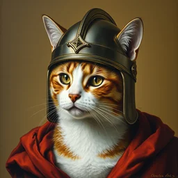 high - quality neoclassical portrait of a cat wearing a crusader helmet, very detailed, 1 8 6 0, oil on canvas.