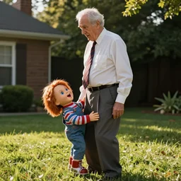 an elderly man in dress shirt tie and pants surprised with a screaming chucky doll at his groin on the front lawn. long shot. side view