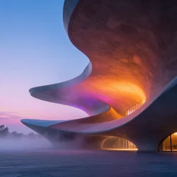 sculptural curved roof planes lift and descend creating shade and architectural expression, boolean subtraction dramatic form, highly detailed, vivid color, mist, dusk