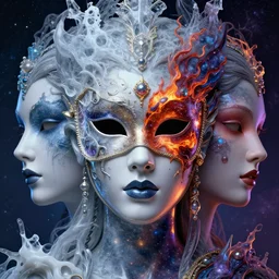 3 d goddess galaxy face portrait, face in the center. beautiful glossy intricate highly detailed venetian mask. ice, milk, lava, flame, galaxy, artwork by tooth wu and wlop and beeple and greg rutkowski, 8 k trending on artstation, volumetric lighting