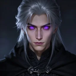 portrait of a young man with silver hair, wearing a black cloak, glowing purple eyes, purple eyes, fantasy, highly detailed, cinematic lighting, digital art painting by greg rutkowski