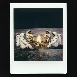 a group of astronauts sit around a campfire on the moon, polaroid, vintage photo, grainy, damaged, faded, realistic highly detailed, 5 0 mm, dslr, hd, 8 k,