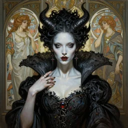 masterpiece painting of beautiful demonic countess girl by donato giancola, h. r. giger and tom bagshaw, face by artgerm and edmund leighton, background by james jean and alphonse mucha, 8 k, gothic horror, majestic, volumetric lighting, porcelain skin, art deco, trending on pixiv