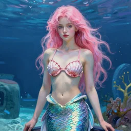 impressionistic portrait of a pink haired merman wearing a shell bra in a public aquarium in the style of john william waterhouse, Okinawa Churaumi Aquarium